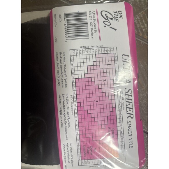 On The Go! Queen Size Jet Black Ultra Sheer Pantyhose & Toe Women NEW Hosiery - Picture 3 of 3